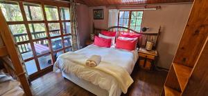 una camera da letto con un grande letto con cuscini rossi di Old Vic Travellers Inn Nelspruit a Nelspruit