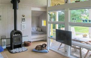 StokkebroにあるAmazing Home In Grenaa With 2 Bedrooms, Sauna And Wifiの暖炉付きの部屋で枕に寝ている犬