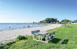 two benches sitting on a beach near the water at 3 Bedroom Gorgeous Home In Rnde in Dagstrup