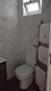 a bathroom with a white toilet and a skylight at Quinta do Mourão in Tentúgal