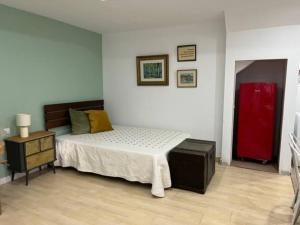 1 dormitorio con 1 cama y nevera roja en estudio moreras., en Vélez-Málaga