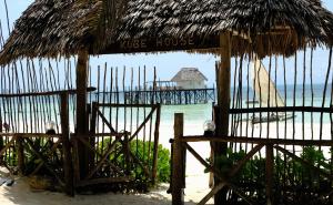 a hut on the beach with a pier in the water at Kobe House in Jambiani