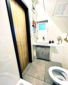 a bathroom with a toilet and a sink at Chatka pod Lysou in Ostravice