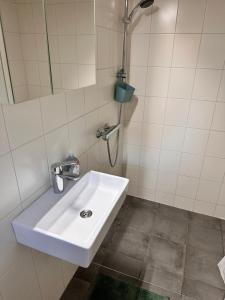 een badkamer met een wastafel en een douche bij Holiday apartment in Gmunden 