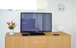 una TV a schermo piatto seduta sopra un armadio in legno di 3 Bedroom Amazing Home In Frederikshavn a Frederikshavn