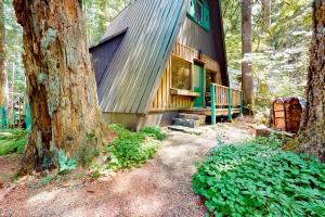 a cabin in the woods next to a tree at Hildas Briarwood Escape in Rhododendron