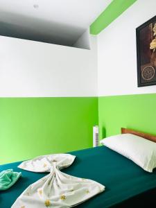 een groene slaapkamer met een bed met twee witte kussens bij Casa BB&Djassi in Ponta do Sol