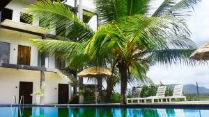 a palm tree in front of a building with a swimming pool at WILD FORTRESS HOTEL Sigiriya in Sigiriya