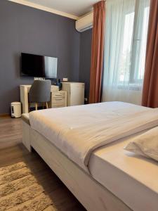 um quarto com uma cama, uma secretária e uma televisão em Львівський em Lviv
