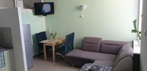 a living room with a couch and a table with a tv at Strefa Zen - Pokoje z Klimatem przy Parku in Jelenia Góra