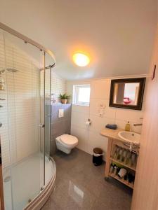 y baño con ducha, aseo y lavamanos. en Beautiful lakehouse by the golden circle - fishing, en Selfoss