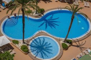 an overhead view of a large swimming pool with palm trees at AR Roca Esmeralda & SPA Hotel in Calpe