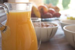 a jug of orange juice next to a bowl of food at Pension Bernhard in Landl