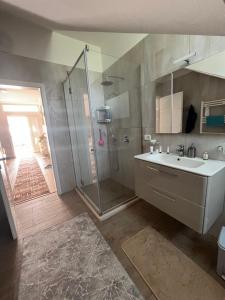 a bathroom with a shower and a sink and a glass shower stall at Bujtina cela in Berat