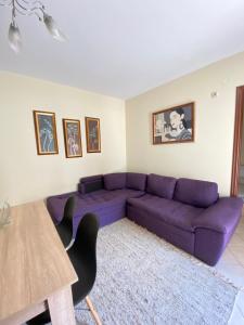 a living room with a purple couch and a table at ΣΟΦΙΤΑ ΦΕΡΕΣ in Pherrai