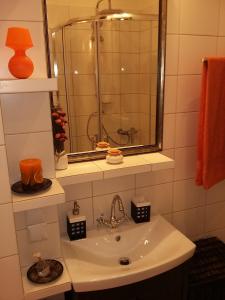 a bathroom sink with a mirror and a shower at Warsaw Kredytowa Apartment in Warsaw