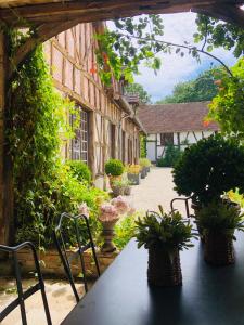 een buitentafel met stoelen en planten op een patio bij Le pigeonnier de la Farge in Chaumont-sur-Tharonne