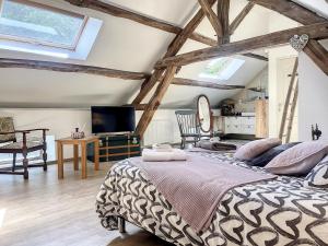 a bedroom with a large bed and a tv at Maison de vacances au cœur de la nature in Sully