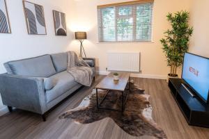 a living room with a couch and a tv at Elms House, sleeps 5, free parking in Reading