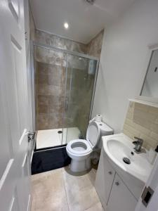 y baño con ducha, aseo y lavamanos. en Newly built Large garden ensuite guest studio en Borehamwood