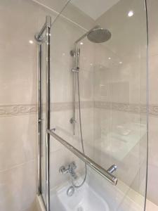 La salle de bains est pourvue d'une douche avec une porte en verre. dans l'établissement Elegance ,Space & Luxury in Brussels, à Bruxelles
