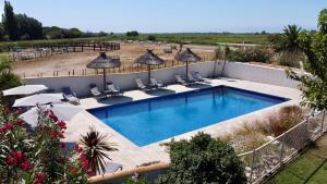 a swimming pool with chairs and umbrellas next to at Hotel Mas Des Barres in Saintes-Maries-de-la-Mer