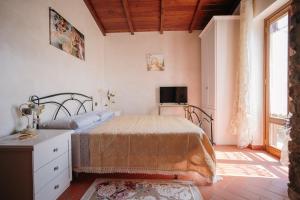 Lago del Turano - Guest House il Nido dell'Aquila في Ascrea: غرفة نوم مع سرير وتلفزيون على الحائط