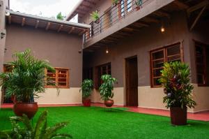 a courtyard of a house with green grass and plants at Casa Suite Campana in Cuenca