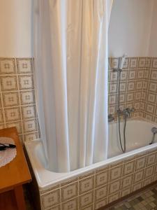 a bath tub with a shower curtain in a bathroom at Gaby in Grächen