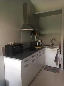a kitchen with white cabinets and a black counter top at Appartement a la campagne in Grièges