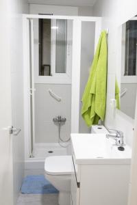 y baño con ducha, aseo y lavamanos. en Precioso apartamento en Premià de Dalt, en Premià de Dalt