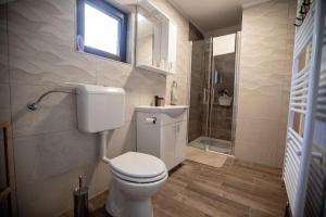 een badkamer met een toilet en een douche en een raam bij Apartmani Lara Modruš-Kuća za odmor in Modruš