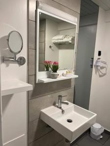 a bathroom with a sink and a mirror at Mediterrâneo Madeira in São Vicente