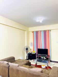 a living room with a couch and a tv at Two Bedroom Condo in Fairview in Manila