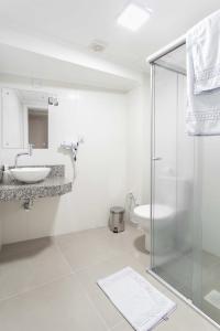 a bathroom with a glass shower and a sink at Hotel Dom Rafael Executivo in Santa Maria