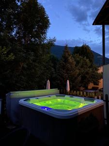 a hot tub with a green floor in a backyard at Apartaments Alta Muntanya in Barruera +91 photos