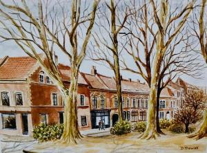 une peinture d'un bâtiment avec des arbres devant lui dans l'établissement galerie jacqueline storme, à Lille
