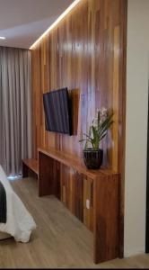 a living room with a tv on a wooden wall at Serrano Exclusive in Tiradentes