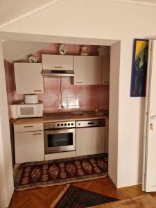 een keuken met een fornuis en een magnetron bij Apartment Kula in Gračanica