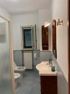 y baño con aseo, lavabo y espejo. en Casa Vacanze 365 - blu en Tortoreto