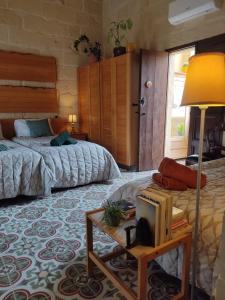 a bedroom with two beds and a tv on a table at Encanto Vegetarian Bed & Breakfast in Xagħra