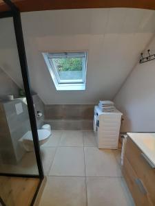 a attic bathroom with a toilet and a window at Au bord de l'Orléans in Spa