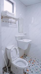 頭頓的住宿－Hoài Thu Hotel Vũng Tàu，白色的浴室设有卫生间和水槽。