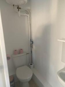 a white bathroom with a toilet and a sink at Janakpur Home in Palaiseau
