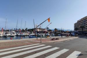 a flag on a pole next to a marina with boats at Saint Cyprien Sud Méditerranée. in Saint-Cyprien