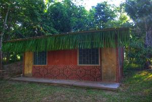 mały czerwony budynek z trawiastym dachem w obiekcie Niwe Mai plant medicine retreat w mieście Tambo