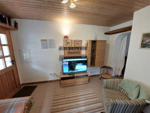 un soggiorno con una TV a schermo piatto su un supporto di Gemütliche Ferienwohnung 2 Personen im Wendland / Elbe a Trebel