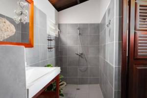 a bathroom with a shower and a sink at Alizé in Sainte-Luce
