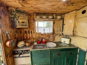 an old kitchen with a stove and a green cabinet at Ty Gwenyn, Coity Bach in Brecon