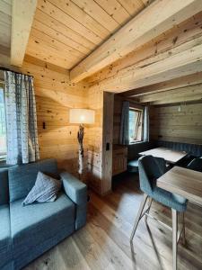 Habitación con sofá y cama en una cabaña en Chalet BRUNNHÄUSL, en Hüttschlag